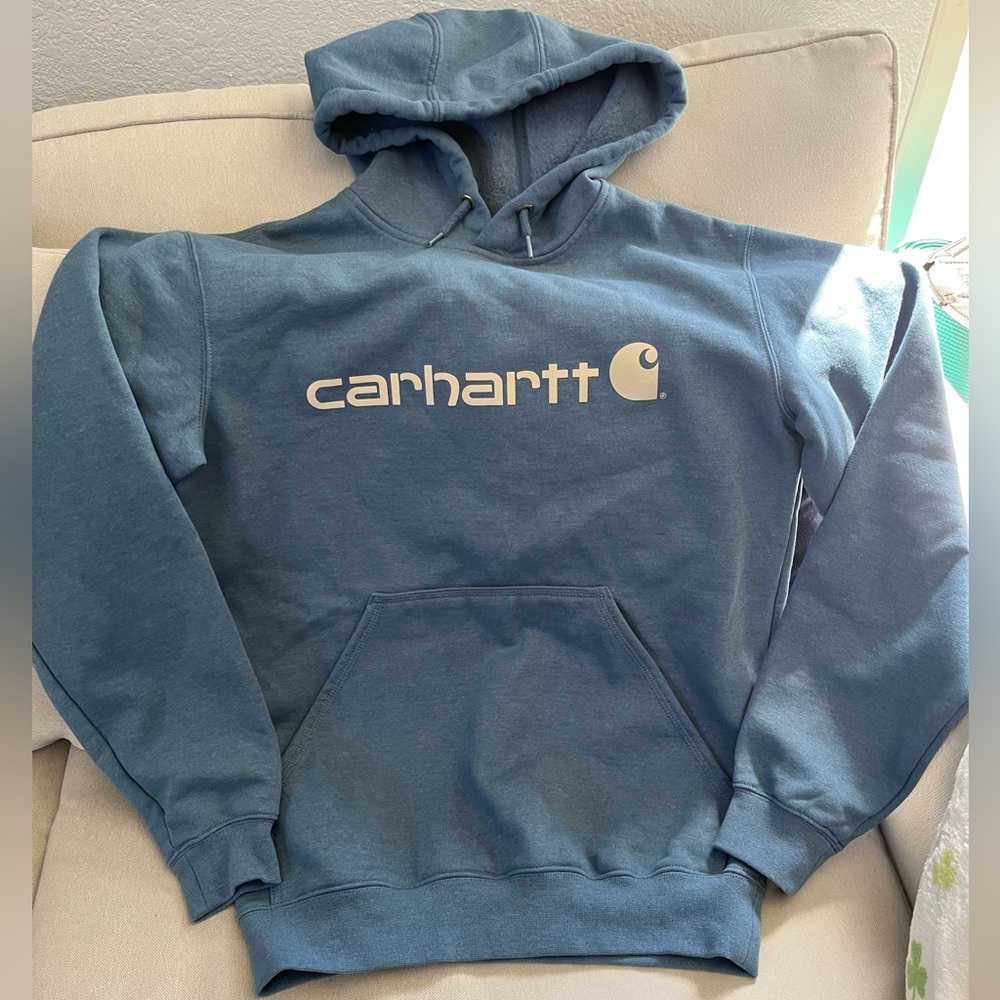 Carhartt Men's Blue Pullover Hoodie with White Logo